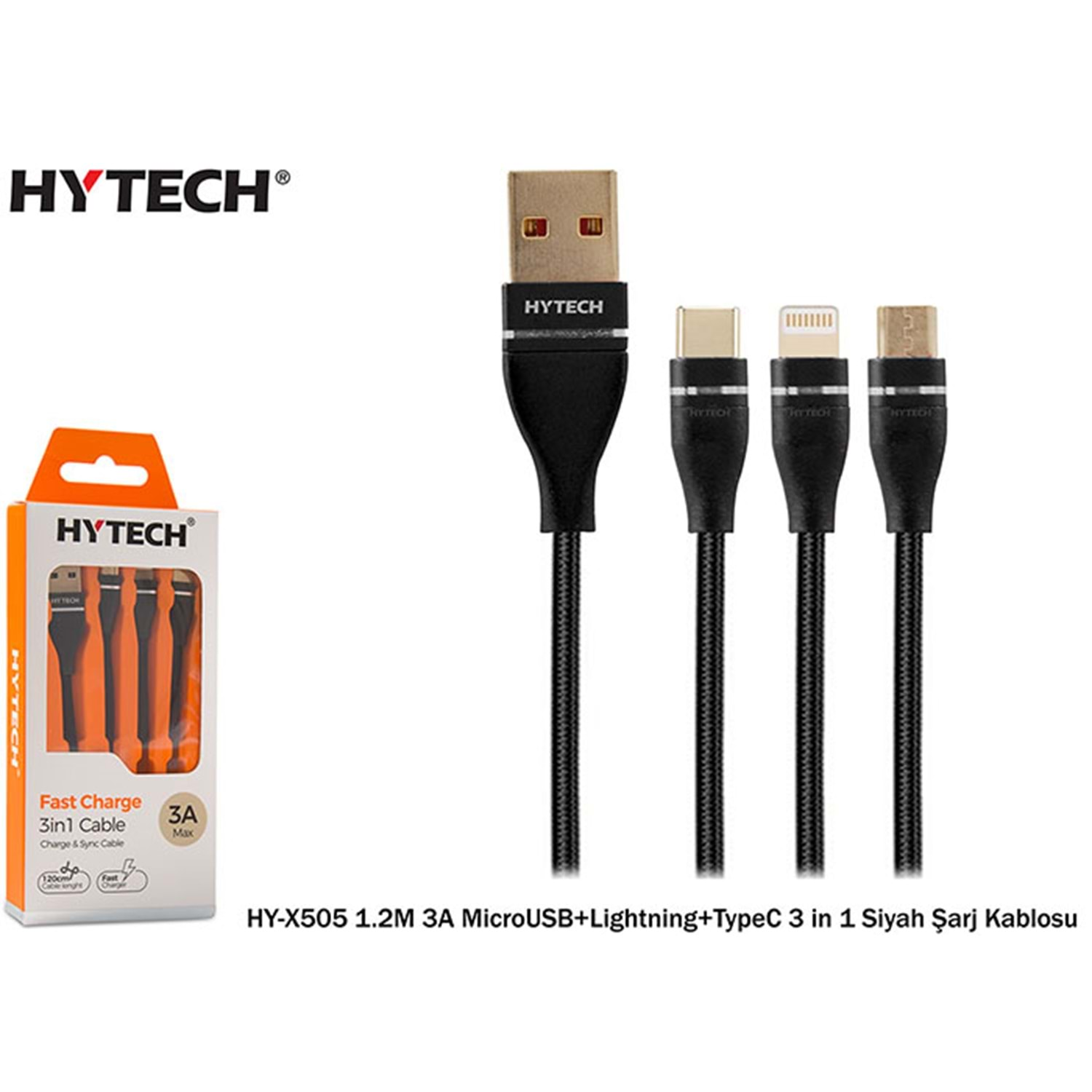 Ersoy Kozmetik Oto HYTECH HY-X505 1.2m 3A Micro USB/Iphone/Type-C Şarj Kablosu